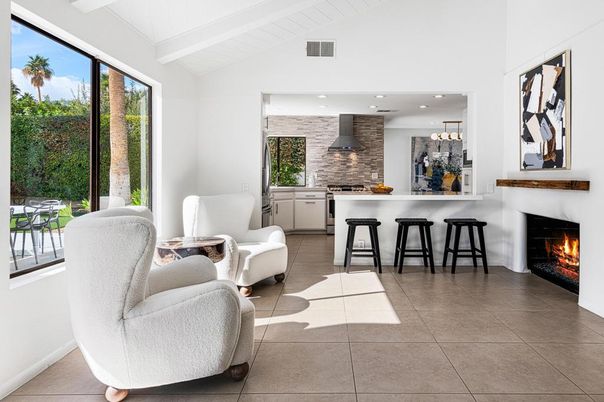 Fireplace, Interior, Kitchen, Pendant Lights, Recessed Lighting, Stone Walls