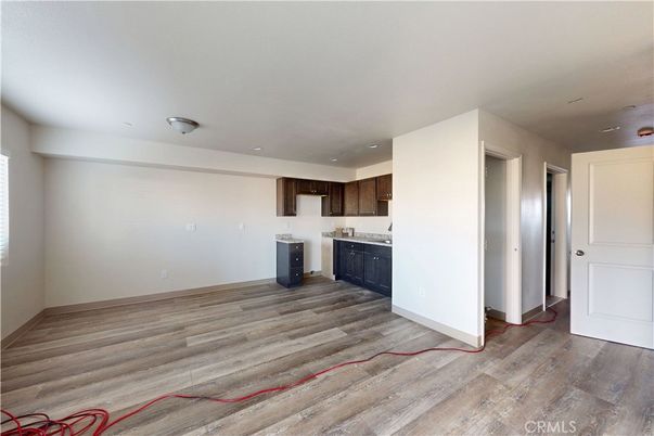Empty room, Interior, Kitchen, Recessed Lighting, Wood Texture Flooring