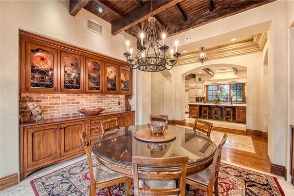 Chandelier, Dining room, Interior, Recessed Lighting, Stone Walls, Wooden Beams, Wooden Ceilings, Wood Texture Flooring