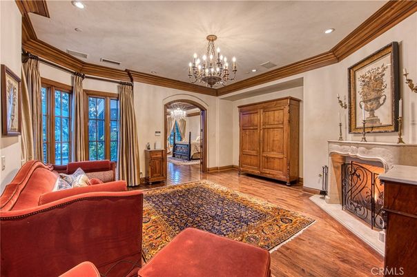 Chandelier, Fireplace, Interior, Living room, Recessed Lighting, Wood Texture Flooring