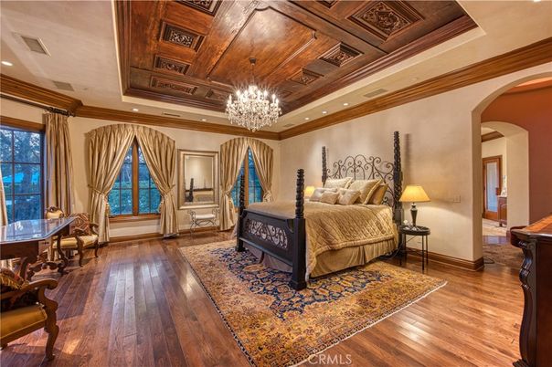Bedroom, Chandelier, Interior, Recessed Lighting, Wooden Ceilings, Wood Texture Flooring