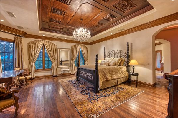 Bedroom, Chandelier, Interior, Recessed Lighting, Wooden Ceilings, Wood Texture Flooring