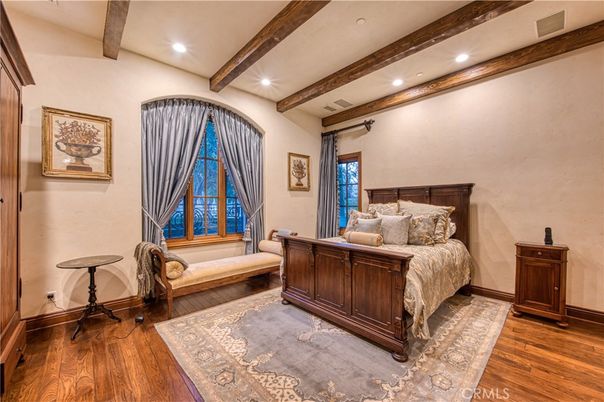 Bedroom, Interior, Recessed Lighting, Wooden Beams, Wood Texture Flooring