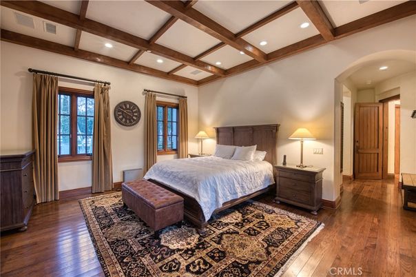 Bedroom, Interior, Recessed Lighting, Wooden Beams, Wood Texture Flooring