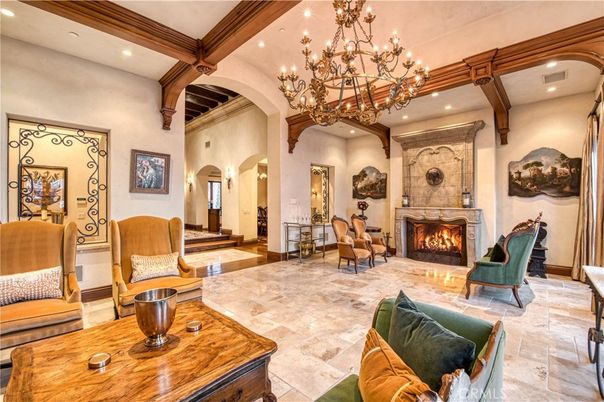 Chandelier, Fireplace, Interior, Living room, Recessed Lighting, Wooden Beams