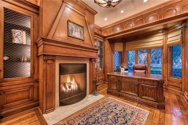 Fireplace, Interior, Recessed Lighting, Wood Texture Flooring, Wooden Walls