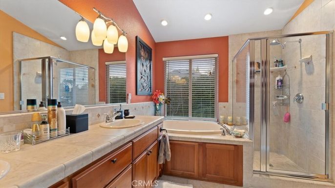 Bathroom, Dual Sink Vanities, Glass Shower, Interior, Recessed Lighting, Tile Countertops