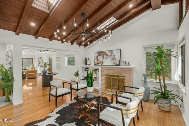 Fireplace, Interior, Living room, Recessed Lighting, Wooden Beams, Wooden Ceilings, Wood Texture Flooring