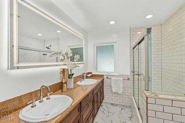Bathroom, Dual Sink Vanities, Glass Shower, Interior, Marble, Recessed Lighting