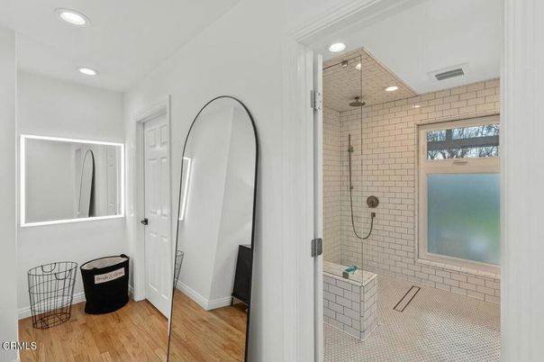 Bathroom, Glass Shower, Interior, Recessed Lighting, Wood Texture Flooring
