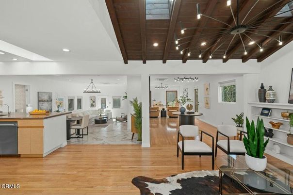 Dining room, Interior, Kitchen, Living room, Pendant Lights, Recessed Lighting, Wooden Beams, Wooden Ceilings, Wood Texture Flooring