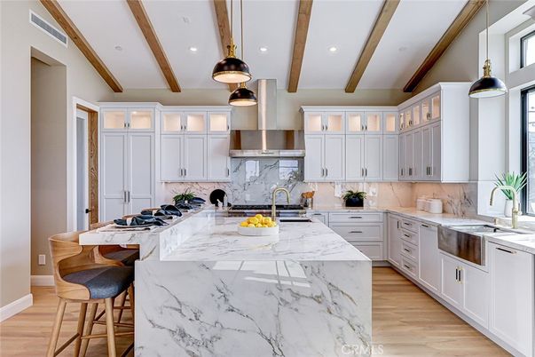 Interior, Kitchen, Pendant Lights, Recessed Lighting, Stainless Steel Appliances, Wooden Beams, Wood Texture Flooring