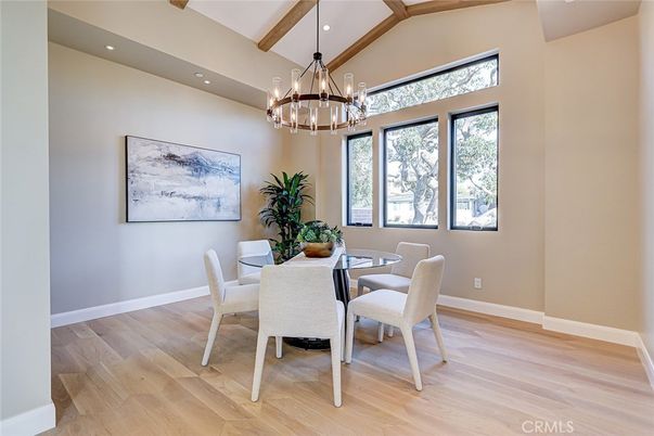 Dining room, Interior, Pendant Lights, Recessed Lighting, Wooden Beams, Wood Texture Flooring