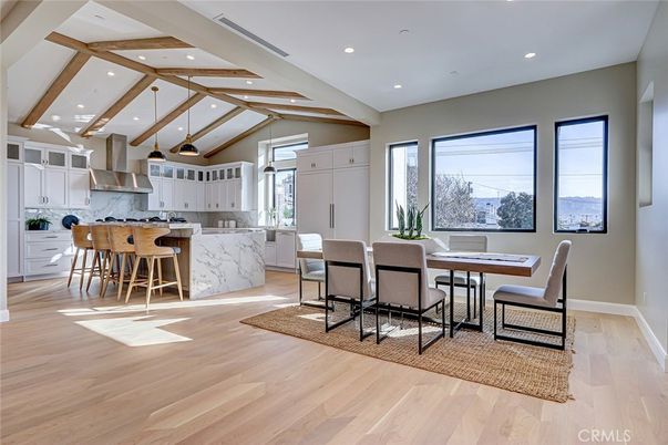Dining room, Interior, Kitchen, Recessed Lighting, Stainless Steel Appliances, Wooden Beams, Wood Texture Flooring