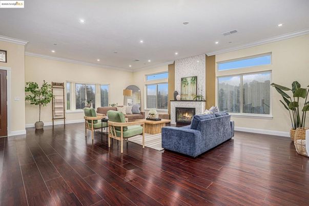 Fireplace, Interior, Living room, Recessed Lighting, Wood Texture Flooring