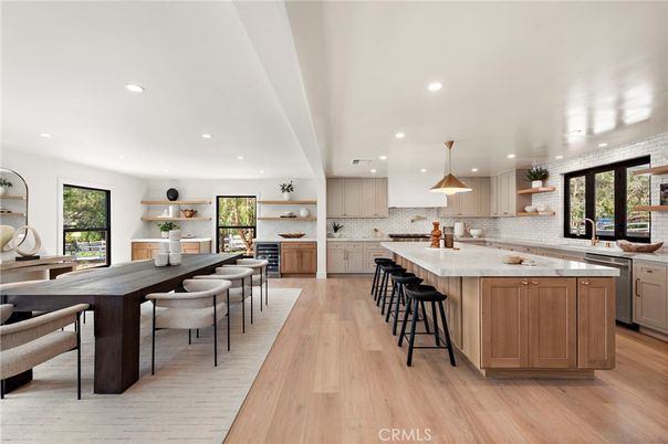 Dining room, Interior, Kitchen, Pendant Lights, Recessed Lighting, Stainless Steel Appliances, Wood Texture Flooring