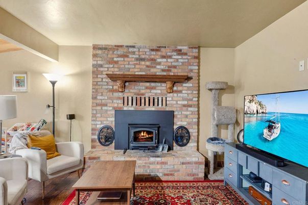 Fireplace, Interior, Living room, Stone Walls, Wood Texture Flooring