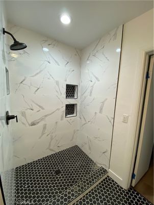 Bathroom, Glass Shower, Interior, Marble Walls, Recessed Lighting