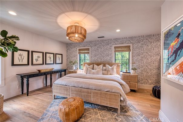 Bedroom, Chandelier, Interior, Recessed Lighting, Wood Texture Flooring