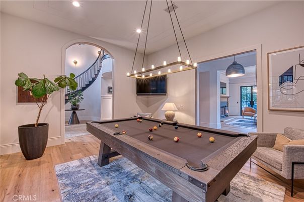 Billiard Table, Game Room, Interior, Pendant Lights, Recessed Lighting, Wood Texture Flooring