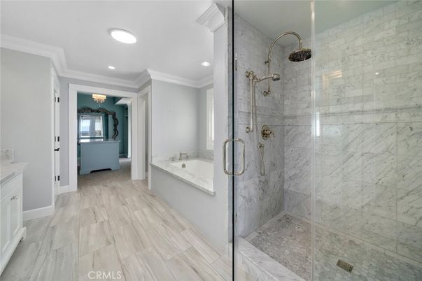 Bathroom, Glass Shower, Interior, Marble Walls, Recessed Lighting