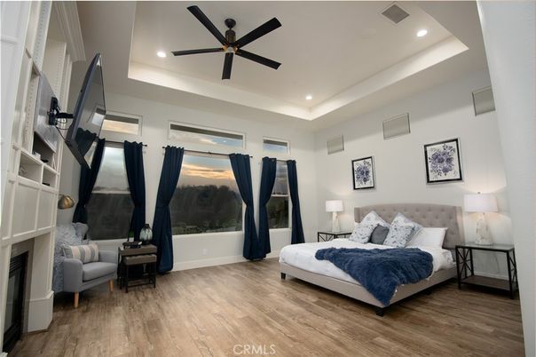Bedroom, Fireplace, Interior, Recessed Lighting, Wood Texture Flooring