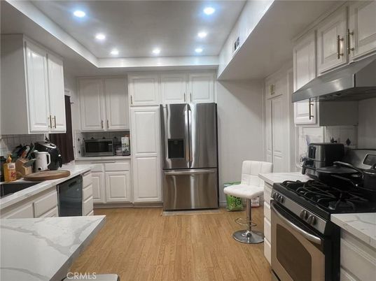 Interior, Kitchen, Recessed Lighting, Stainless Steel Appliances, Wood Texture Flooring