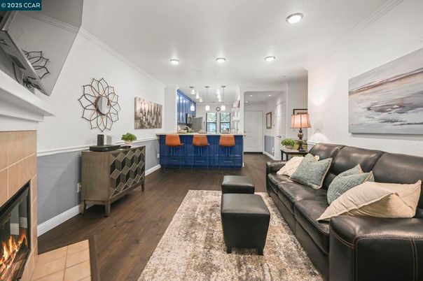 Fireplace, Interior, Kitchen, Living room, Pendant Lights, Recessed Lighting, Wood Texture Flooring