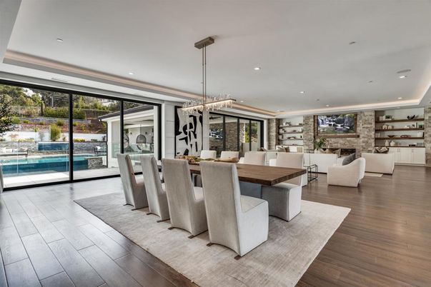 Dining room, Fireplace, Interior, Living room, Pendant Lights, Recessed Lighting, Stone Walls, Wood Texture Flooring