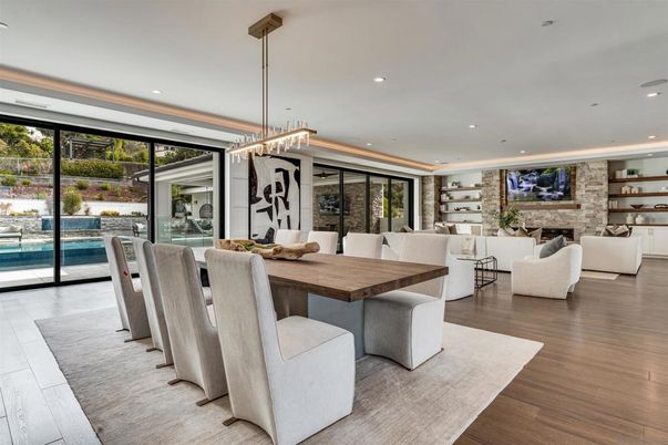 Dining room, Fireplace, Interior, Living room, Pendant Lights, Recessed Lighting, Stone Walls, Wood Texture Flooring