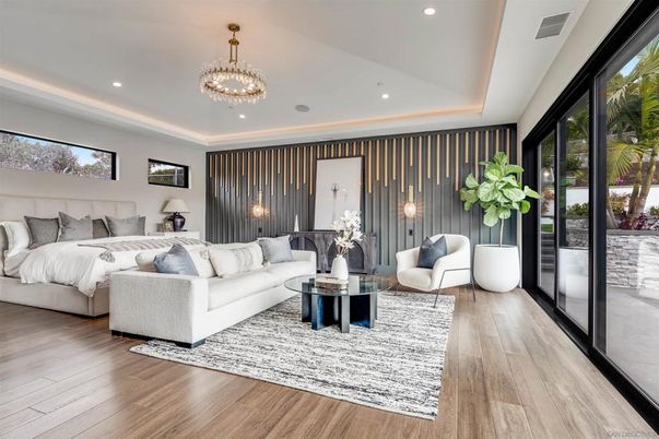 Bedroom, Chandelier, Interior, Living room, Recessed Lighting, Wood Texture Flooring