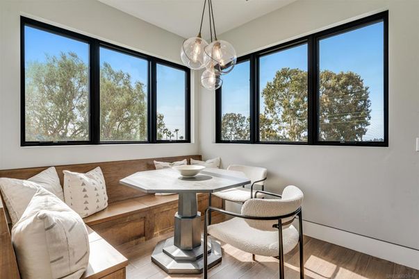 Dining room, Interior, Pendant Lights, Wood Texture Flooring