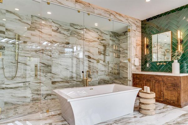 Bathroom, Free Standing Baths, Glass Shower, Interior, Marble, Marble Walls, Recessed Lighting