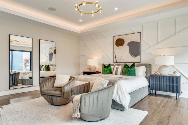 Bedroom, Interior, Pendant Lights, Recessed Lighting, Wood Texture Flooring