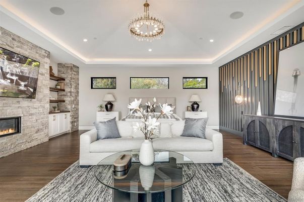 Fireplace, Interior, Living room, Recessed Lighting, Stone Walls, Wood Texture Flooring