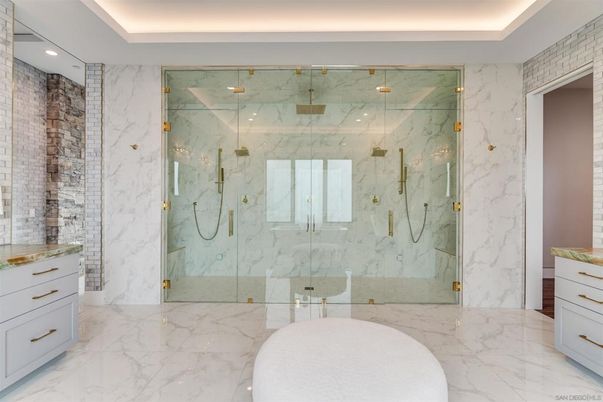 Bathroom, Glass Shower, Interior, Marble, Marble Walls, Recessed Lighting