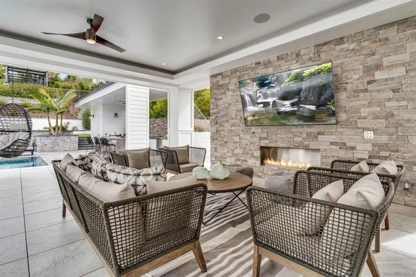 Fireplace, Interior, Living room, Recessed Lighting, Stone Walls