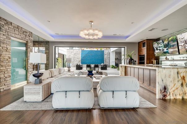 Chandelier, Interior, Living room, Recessed Lighting, Stone Walls, Wood Texture Flooring