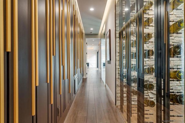 Interior, Recessed Lighting, Stone Walls, Wine Storage, Wood Texture Flooring