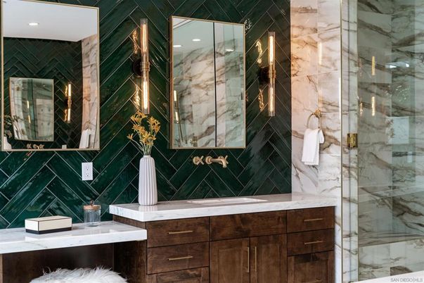 Bathroom, Glass Shower, Interior, Marble Walls, Recessed Lighting