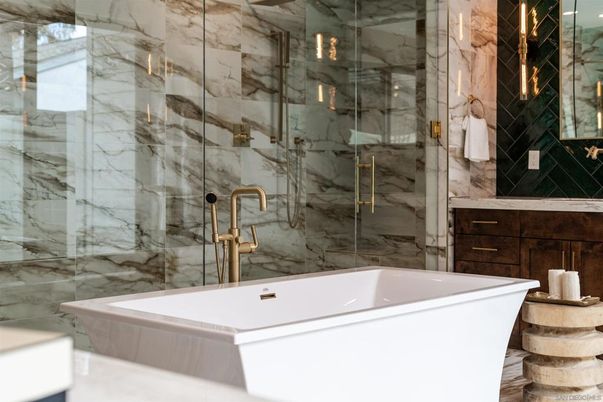 Bathroom, Free Standing Baths, Glass Shower, Interior, Marble Walls