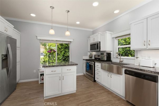 Interior, Kitchen, Pendant Lights, Recessed Lighting, Stainless Steel Appliances, Wood Texture Flooring