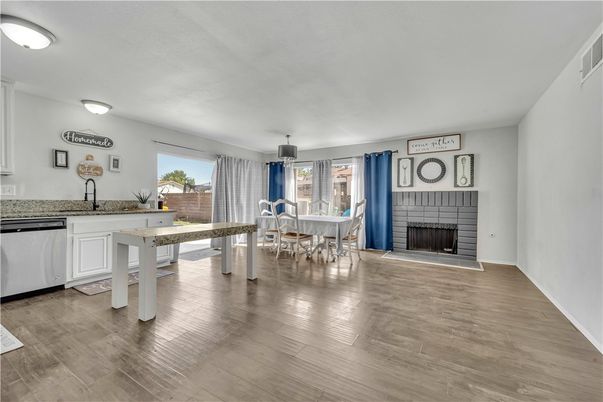 Dining room, Fireplace, Interior, Wood Texture Flooring