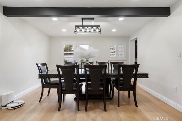Dining room, Interior, Pendant Lights, Recessed Lighting, Wood Texture Flooring