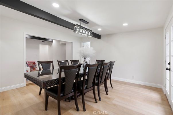 Dining room, Interior, Pendant Lights, Recessed Lighting, Wood Texture Flooring
