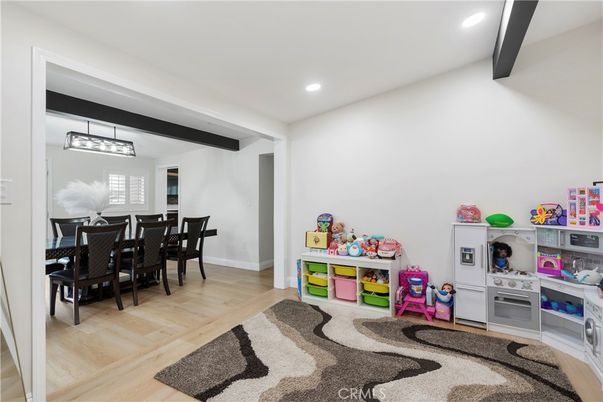Dining room, Interior, Pendant Lights, Recessed Lighting, Wood Texture Flooring