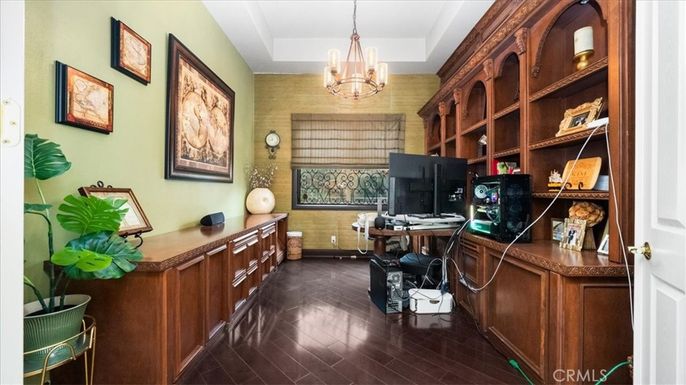 Chandelier, Home Office, Interior, Wood Texture Flooring