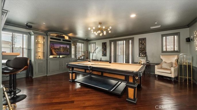 Billiard Table, Game Room, Interior, Pendant Lights, Recessed Lighting, Wood Texture Flooring
