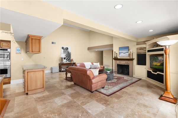 Fireplace, Interior, Kitchen, Living room, Recessed Lighting, Stainless Steel Appliances