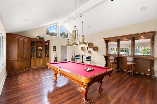 Billiard Table, Chandelier, Game Room, Interior, Recessed Lighting, Wood Texture Flooring